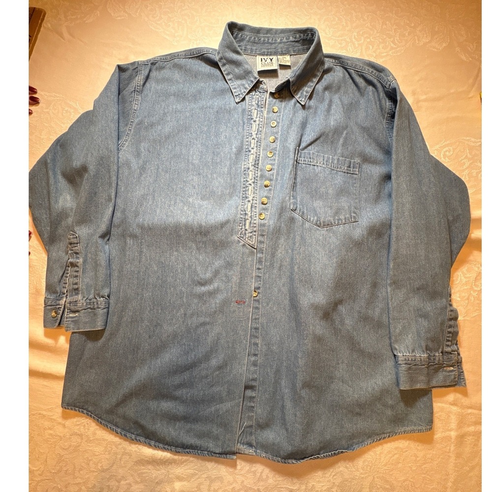 Ivy Club Classics Womens 20W Denim Shirt Blue Cotton Long Sleeve Button Up